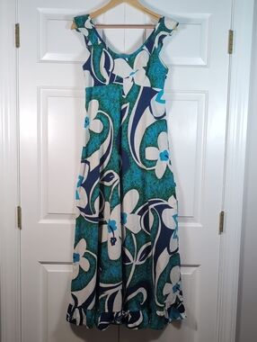 Vintage 70s Malihini Hawaii Blue Green Floral Ruffle Hem Casual Boho Maxi Dress